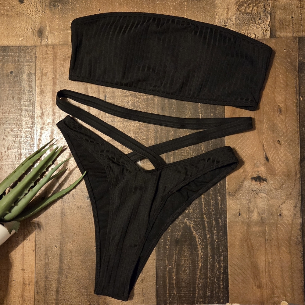 New Black Ribbed Strapless Bandeau & Very Sexy Skimpy Wrap Bottom Bikini Set L